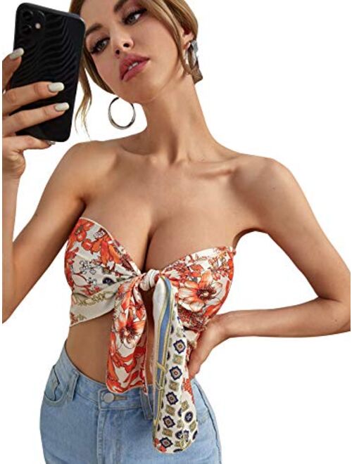 Romwe Women's Floral Print Strapless Knot Front Bandana Tube Crop Tops