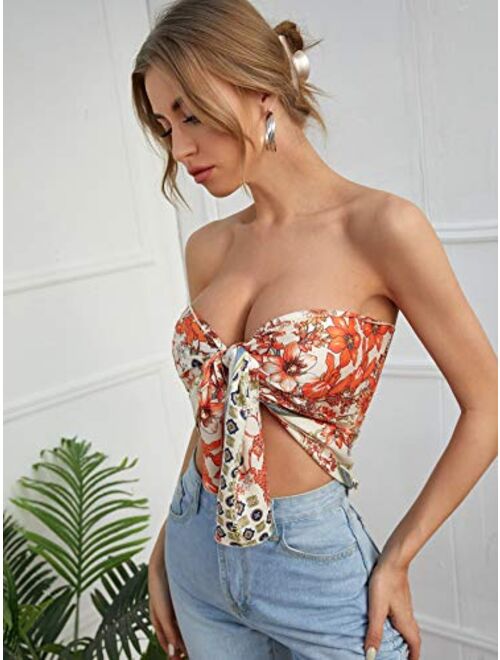 Romwe Women's Floral Print Strapless Knot Front Bandana Tube Crop Tops