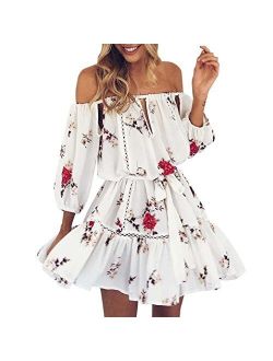 TONSEE Women's Off Shoulder Floral Print Beach Dress Ruffle Mini Dress