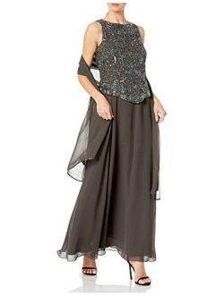 Women's Long Beaded V Trim Detail Dress with Scarf