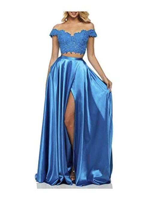 Princess Long Two Piece Lace Satin Prom Dresses with Slit Off Shoulder Formal Evening Gown for Juniors