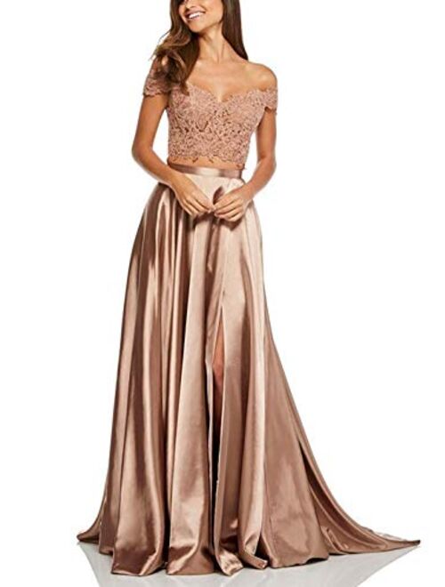 Princess Long Two Piece Lace Satin Prom Dresses with Slit Off Shoulder Formal Evening Gown for Juniors