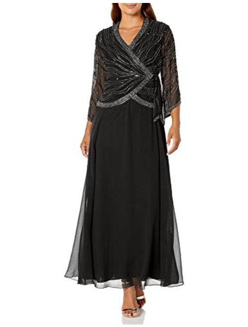 J Kara Women's Long 3/4 Sleeve V-Neck Beaded Faux Wrap Dress