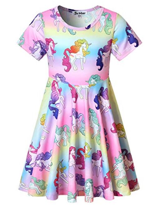 Jxstar Unicorn Dresses for Girls Summer Swing Short Sleeve Casual Clothes for Kids