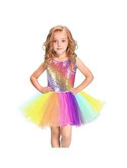 Unicorn Girl Sequin Dress Handmade Toddler Rainbow Dress for Party, Halloween, Special Occasion with Bow Tie