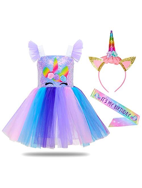 MHJY Sequin Unicorn Dress for Girls Birthday Party Halloween Costume with Unicorn Headband,Birthday Sash