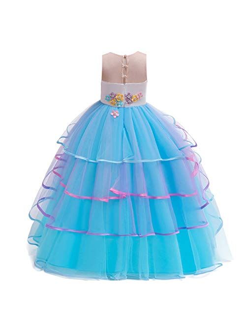 IZKIZF Girls Unicorn Rainbow Princess Birthday Party Carnival Cosplay Dress Up Costume Long Maxi Tulle Evening Gown