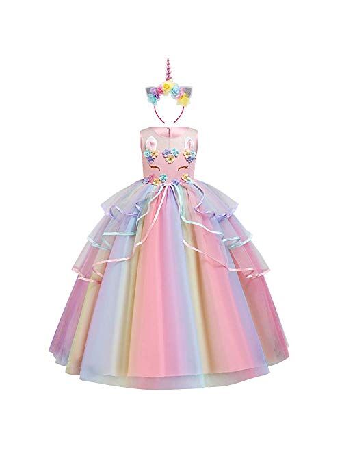 IBTOM CASTLE Flower Girl Unicorn Dress up Costume Pageant Princess Party Wedding Birthday Halloween Carnival Long Maxi Gown w/Headband