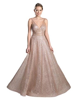 Meier Women's Glitter Tulle Double V-Neck A-Line Prom Formal Gown