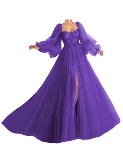 Puffy Sleeve Prom Dress Long Sweetheart Tulle Ball Gown