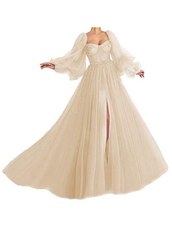 Puffy Sleeve Prom Dress Long Sweetheart Tulle Ball Gown