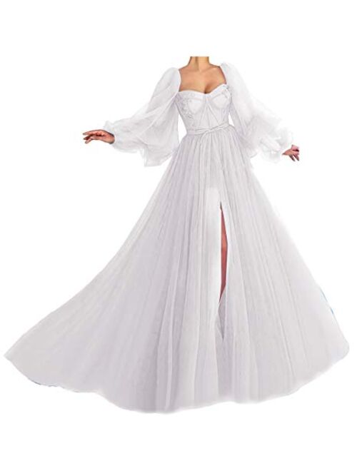 Marsen Puffy Sleeve Prom Dress Long Sweetheart Tulle Ball Gown