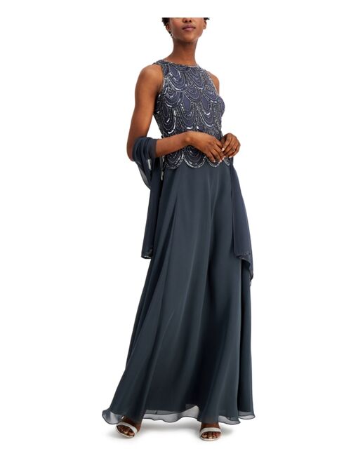 J Kara Embellished A-Line Gown and Scarf
