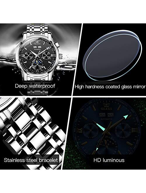 OLEVS Watch for Men Automatic Self Winding Mechanical Luxury Dress Stainless Steel Waterproof Luminous Moon Phase Wrist Watch