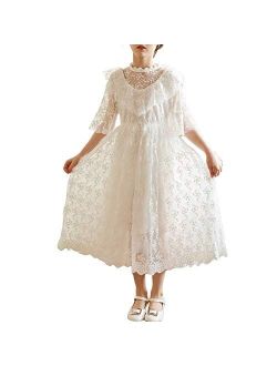Girls White Dress Lace Pom Flutter Sleeve Party Princess Dress Pageant Tulle Summer Vintage Dress