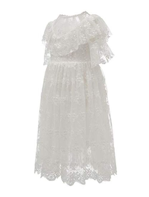 Abaowedding Girls White Dress Lace Pom Flutter Sleeve Party Princess Dress Pageant Tulle Summer Vintage Dress