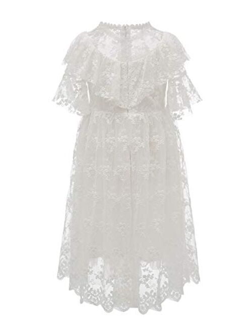 Abaowedding Girls White Dress Lace Pom Flutter Sleeve Party Princess Dress Pageant Tulle Summer Vintage Dress