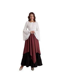 Women's Medieval Dress Retro Renaissance Costumes Irish Trumpet Sleeve Round Neck Peasant Long Gown