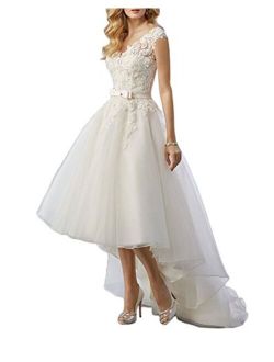Women's Lace High Low Short Tea Length Wedding Dress Bridal Gown