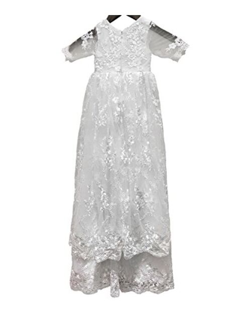 Abaowedding Baby Long Ivory Christening Gown Lace Baptism Dress with Bonnet