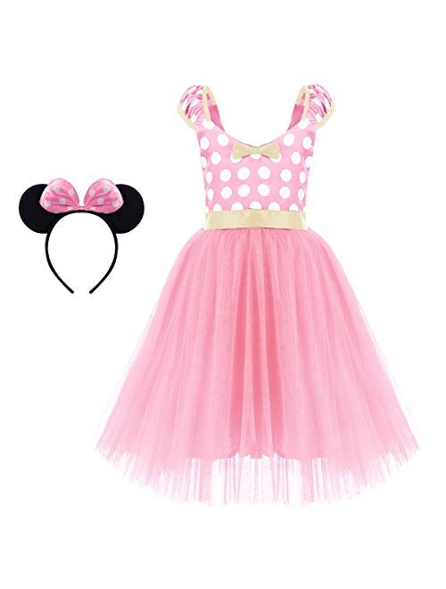 IBTOM CASTLE Girls' Polka Dots Princess Party Cosplay Pageant Fancy Costume Tutu Birthday Dress up+Ears Headband