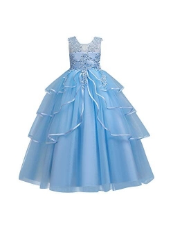 Flowers Girls Tulle Lace Wedding Party Dress for Kids Communion Formal Birthday Princess Pageant Prom Maxi Gown
