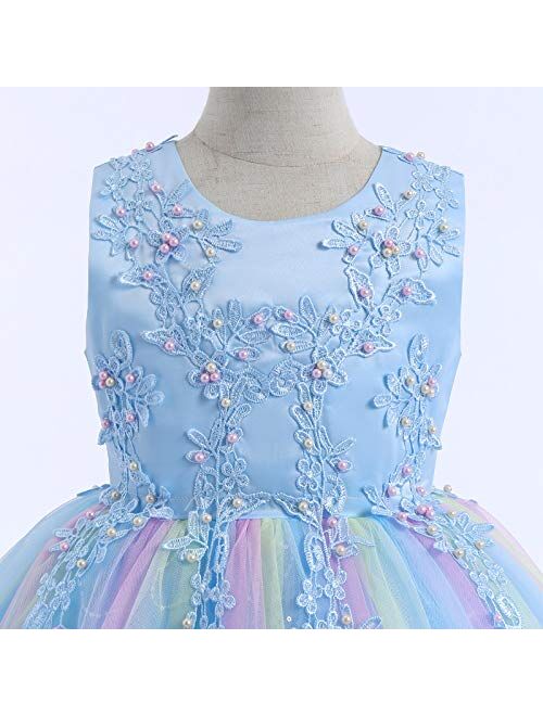 IBTOM CASTLE Flowers Girls Tulle Lace Wedding Party Dress for Kids Communion Formal Birthday Princess Pageant Prom Maxi Gown