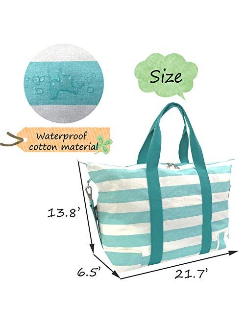 Hibala Canvas Beach bag Travel bag,Weekender Carry On for Women,Sports Gym Bag,Workout Duffel Bag,Overnight Shoulder Bag (Green stripes, Large)