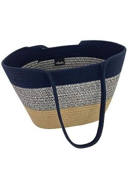 Hibala Woven Beach Bag/Beach Tote/Handmade Weaving Shoulder Bag/Handbag (Dark Blue, One_Size)