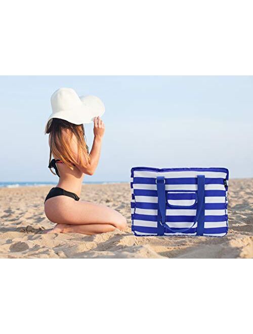 Hibala Canvas Waterproof Lining Beach Bag,Gym/Travel/Pool Bag,Tote For Women&Men,with Adjustable Handle (Blue Stripe)