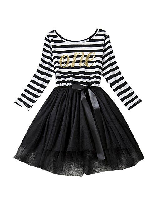 IBTOM CASTLE Baby Girls 1st/2nd/3rd Birthday Long Sleeve Princess Cake Smash Baptism Crown Tulle Party Dress Striped Outfit Tutu Gown