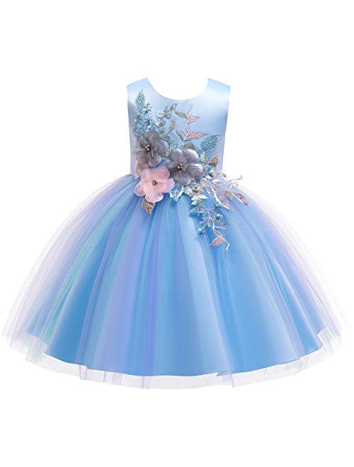 IBTOM CASTLE Flower Girls Rainbow Princess Tulle Dress Wedding Party Pageant Formal Evening Short Gown