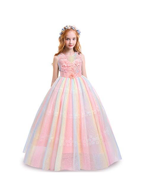 IBTOM CASTLE Girls Flower Vintage Lace Princess Long Dress for Kids Tulle Pageant Formal Party Wedding Floor Dance Evening Gown