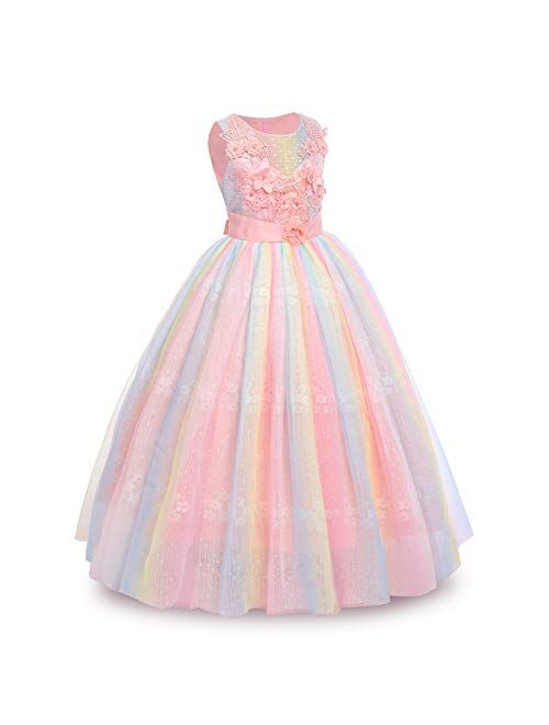 IBTOM CASTLE Girls Flower Vintage Lace Princess Long Dress for Kids Tulle Pageant Formal Party Wedding Floor Dance Evening Gown
