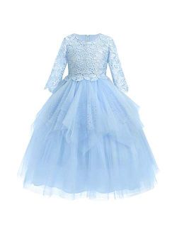 Flower Girl Communion Embroidery Lace Dress for Kids Junior Wedding Party Formal Dance Evening Maxi Gown with 3/4 Sleeve