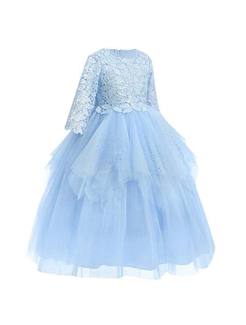 IBTOM CASTLE Flower Girl Communion Embroidery Lace Dress for Kids Junior Wedding Party Formal Dance Evening Maxi Gown with 3/4 Sleeve