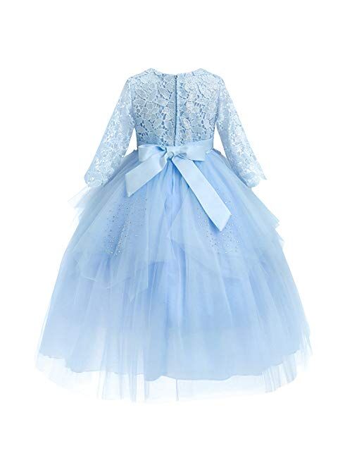 IBTOM CASTLE Flower Girl Communion Embroidery Lace Dress for Kids Junior Wedding Party Formal Dance Evening Maxi Gown with 3/4 Sleeve