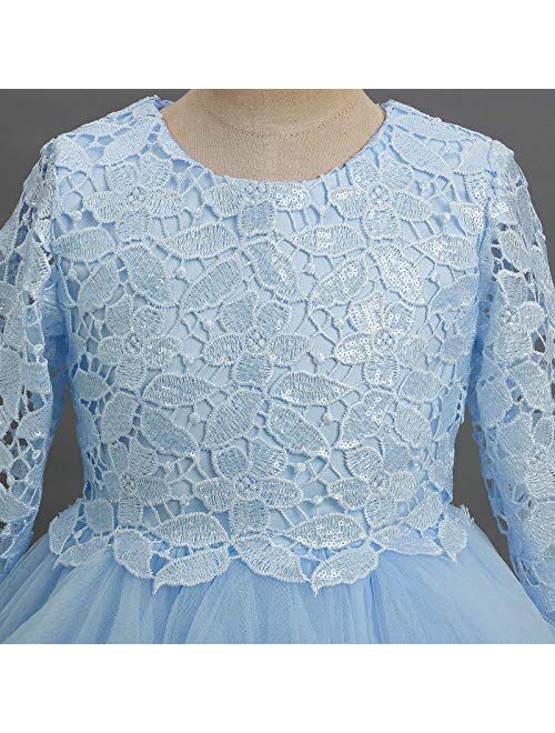 IBTOM CASTLE Flower Girl Communion Embroidery Lace Dress for Kids Junior Wedding Party Formal Dance Evening Maxi Gown with 3/4 Sleeve