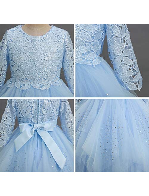 IBTOM CASTLE Flower Girl Communion Embroidery Lace Dress for Kids Junior Wedding Party Formal Dance Evening Maxi Gown with 3/4 Sleeve
