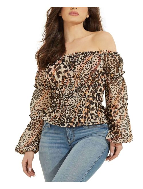 Guess Off-the-Shoulder Animal Print Top