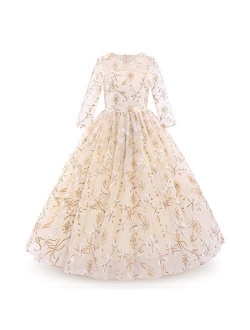 Flower Girls Vintage Floral Boho Lace 3/4 Sleeves Maxi Dress Wedding Princess Party Communion Evening Formal Dance Gown