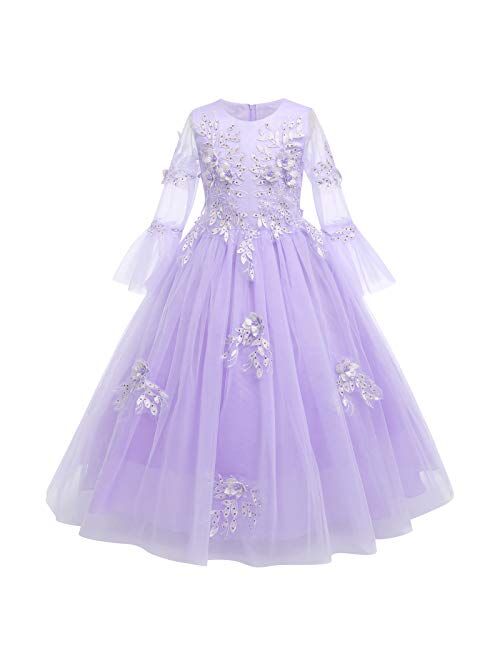 IBTOM CASTLE Flower Girls Vintage Floral Boho Lace 3/4 Sleeves Maxi Dress Wedding Princess Party Communion Evening Formal Dance Gown
