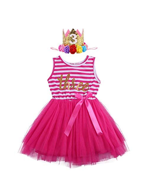 IBTOM CASTLE Baby Girls Crown Princess Striped 1st/2nd Birthday Cake Smash Tulle Tutu Dress Toddler Kids Outfit