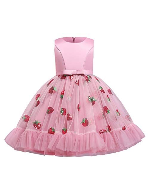 IBTOM CASTLE Girls Floral Shiny Strawberry Embroidery Princess Dress Kids Flower Ruffles Communion Party Pageant Wedding Formal Gown