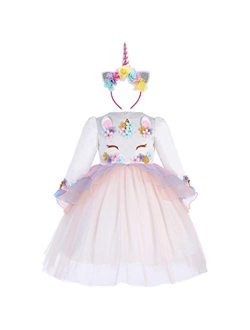 IBTOM CASTLE Baby Flower Girl Long Sleeve Pageant Princess Dress Up Wedding Birthday Party Costume Evening Dance Gown