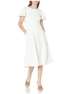 Women's A-line Dress with Capelet Sleeve and Self Belt