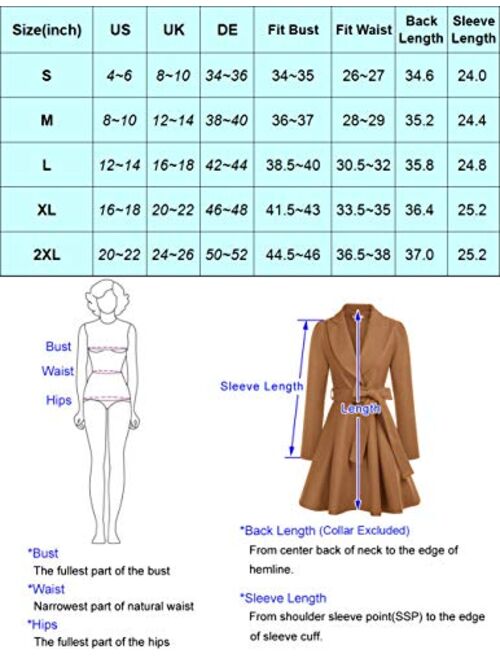 GRACE KARIN Women's Notch Lapel Long Sleeve a Line Pea Coat with Self Tie Belt