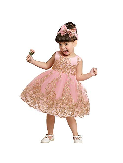 IBTOM CASTLE Bowknot Flower Girl Dresses Lace Princess Wedding Tutu Gown for Kids Baby Christening Baptism Birthday Sundress w/Headwear