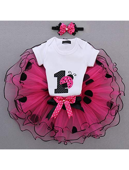 IBTOM CASTLE Baby Girls 1st Birthday Cake Smash 3pcs Outfits Set Cotton Romper Bodysuit+Tutu Dress+Flower Headband Princess Skirt Clothes