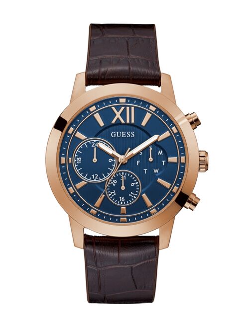 Guess Men's Multi-Function Rose Gold-Tone Brown Leather Silicone Strap Watch 45mm